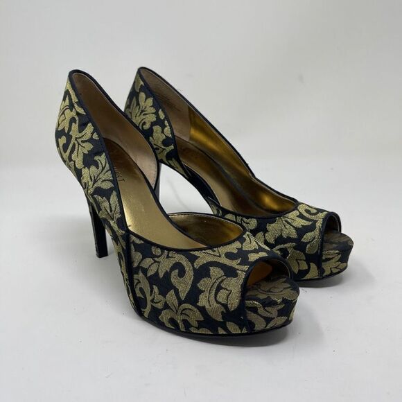 Nine West Women's Celestria D'Orsay Peep Toe Heels Slip On Black Gold Brocade 6M - Picture 1 of 9